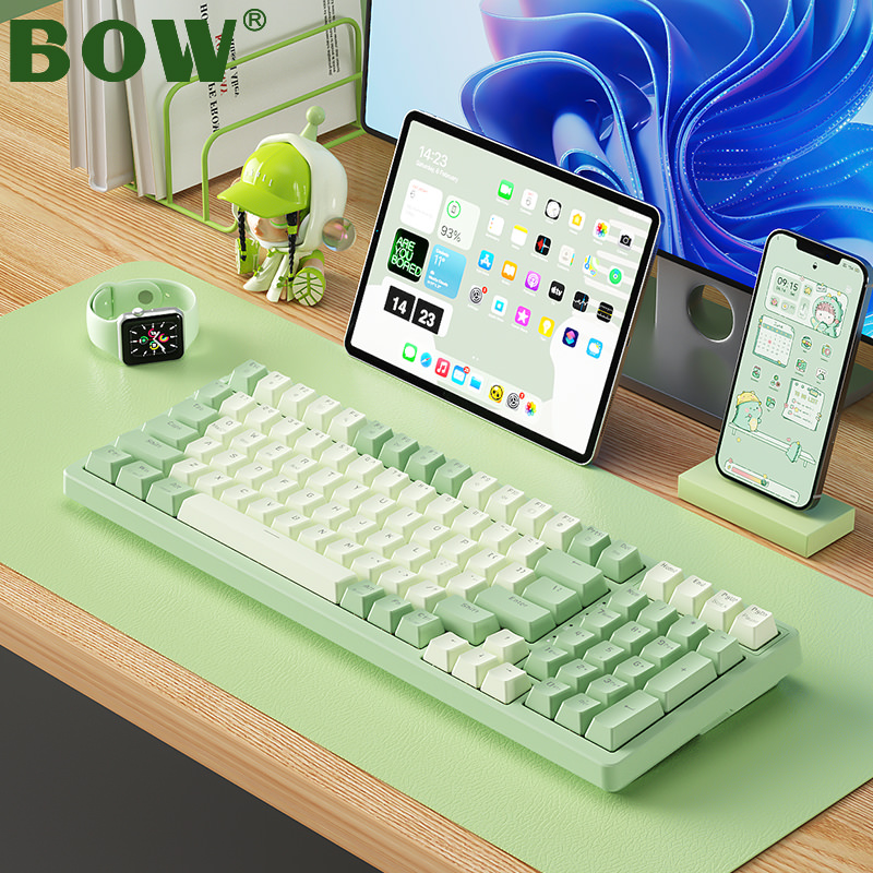 BOW G120D热插拔双模无线蓝牙机械键盘外接ipad笔记本电脑茶轴红轴98键